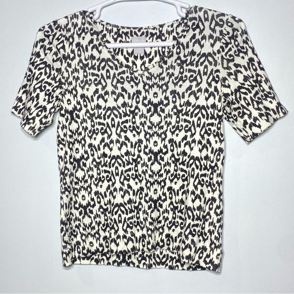 Chico's Ikat Print T-Shirt Women's S Black White Short Sleeve Pima Cotton Casual